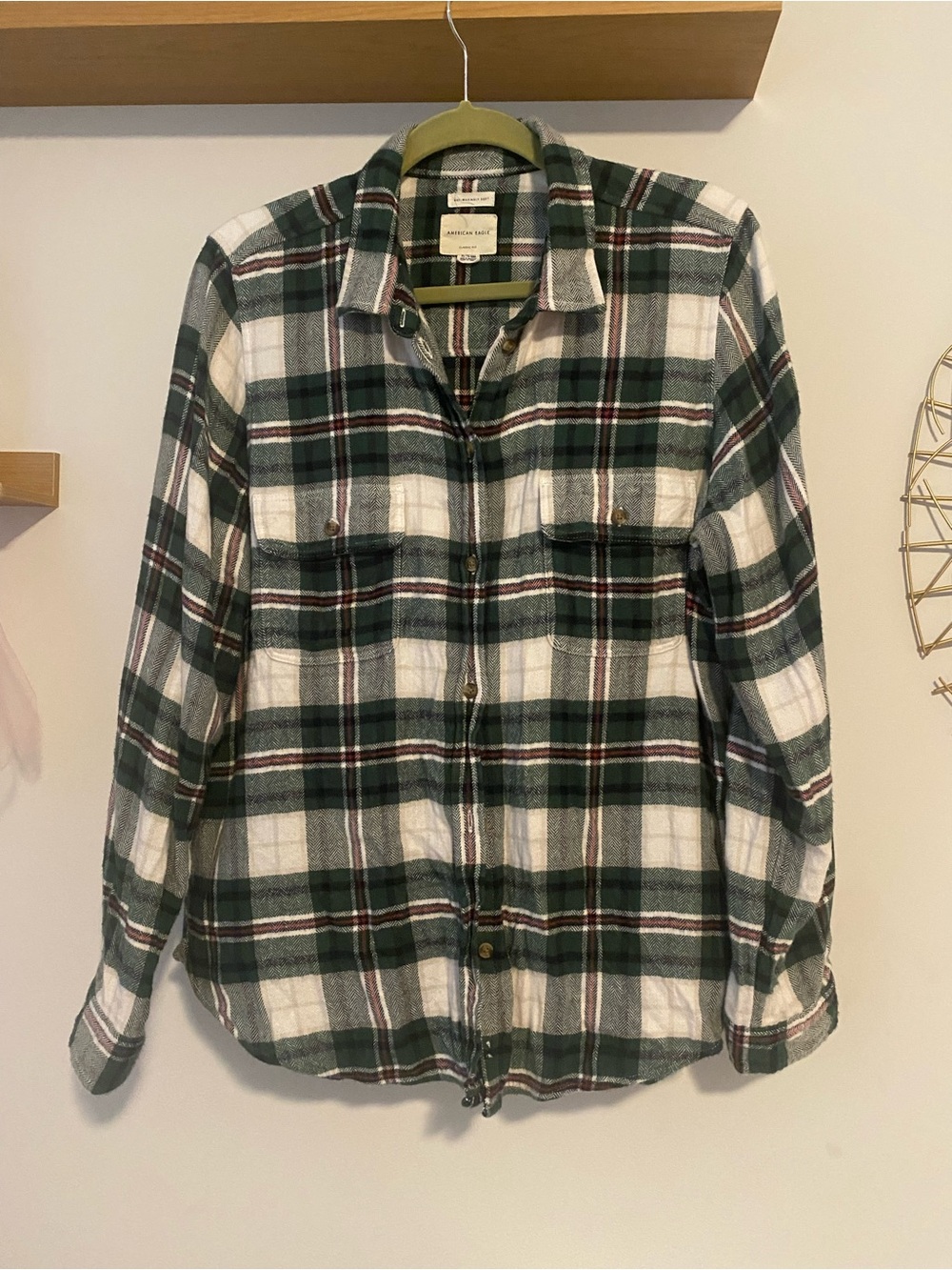 American Eagle Outfitters Green and White Plaid Button-Down Shirt